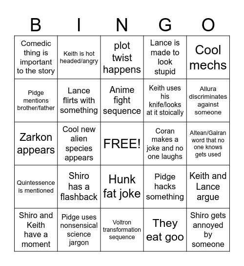 Voltron watch bingo Card