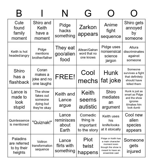 Voltron watch bingo Card