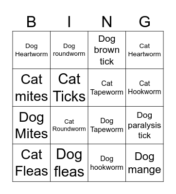 Parasite Prevention Bingo Card