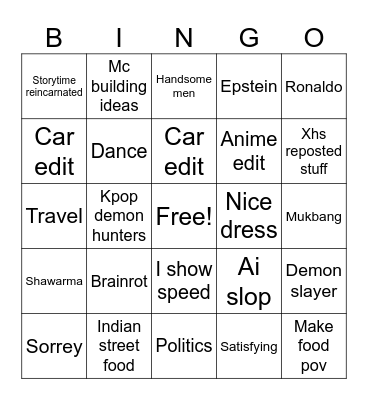 Instagram reels Bingo Card