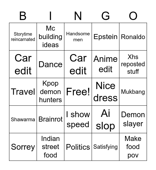 Instagram reels Bingo Card
