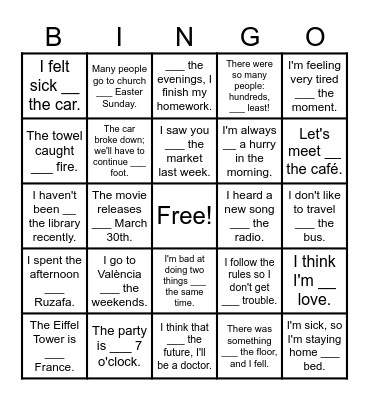 In/At/On Preposition Practice Bingo Card