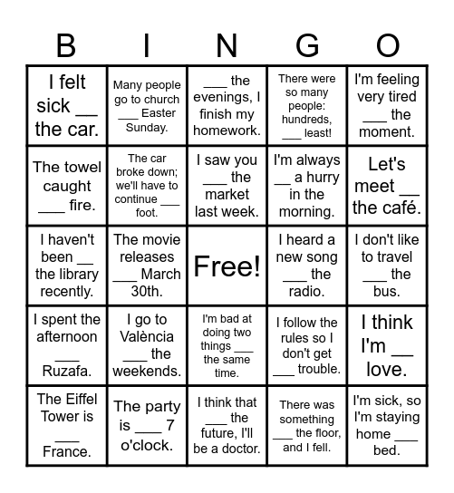 In/At/On Preposition Practice Bingo Card