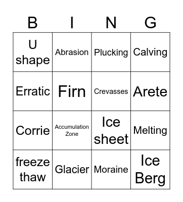 Glaciers vocabulary Bingo Card