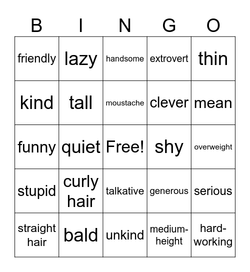 Describing people Bingo Card