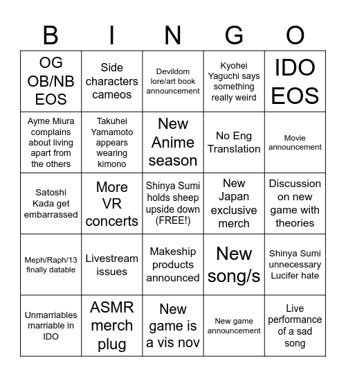 Obey Me Livestream Bingo Card