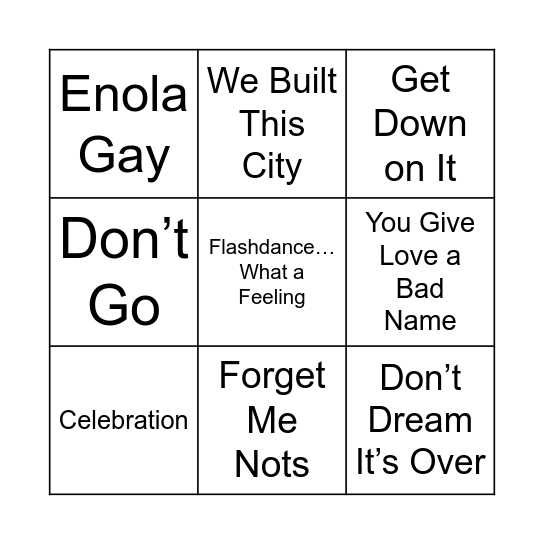 Up-Beat 80s Bingo Card