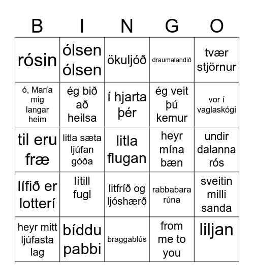 tónlistarbingo Card