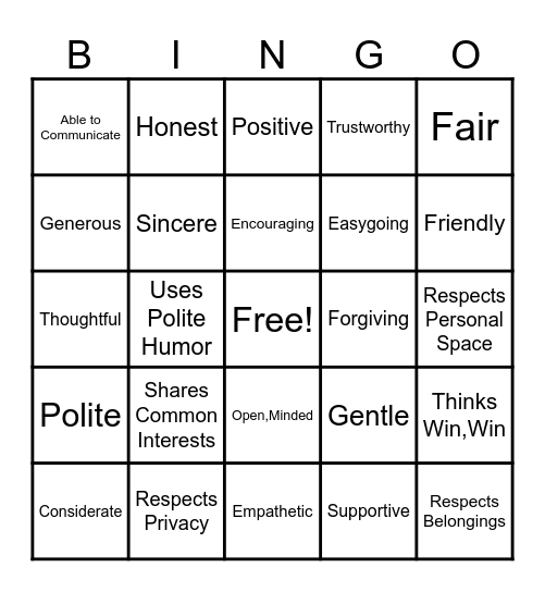 Friendship Bingo Card