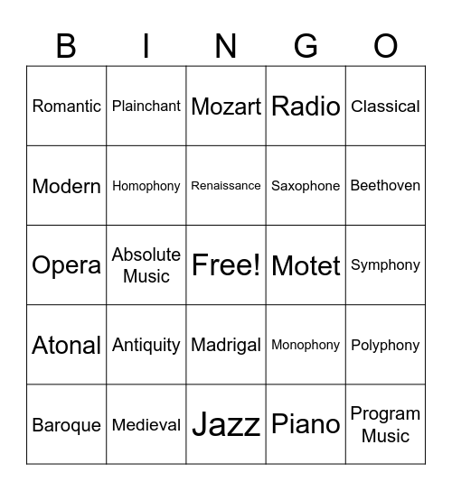 Music History Bingo Card