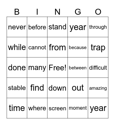 Sight Words Bingo Card