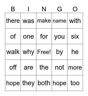 Grade 1 Sight Words Bingo Card