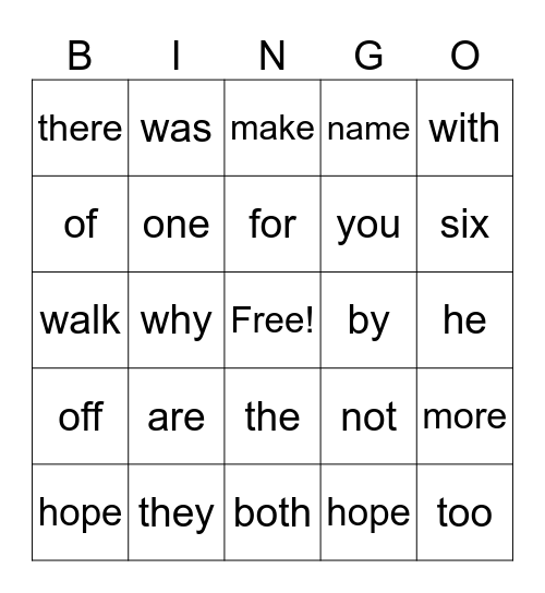 Grade 1 Sight Words Bingo Card