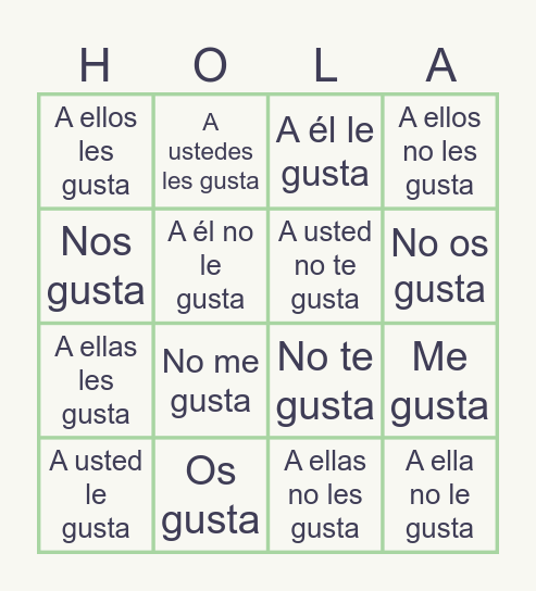 El verbo gustar y sus pronombres Bingo Card