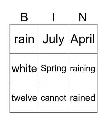 Spelling Bingo Card