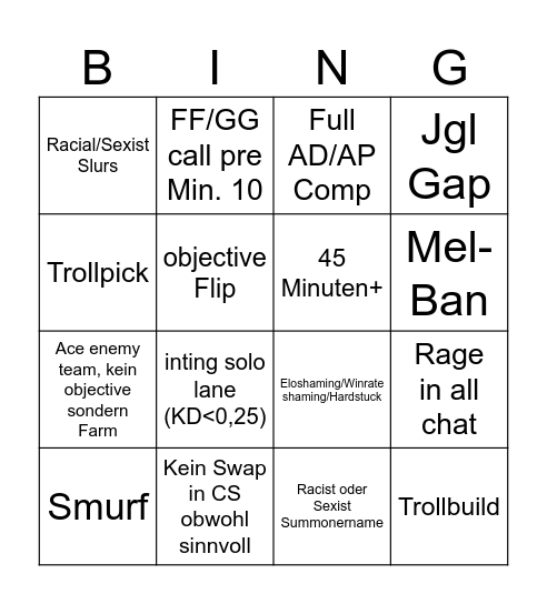 League low elo ranked Bingo Card