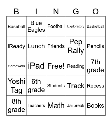 Middle School Bingo Card
