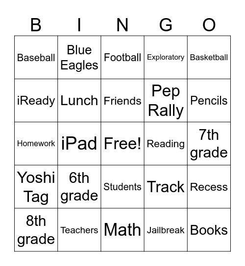 Middle School Bingo Card
