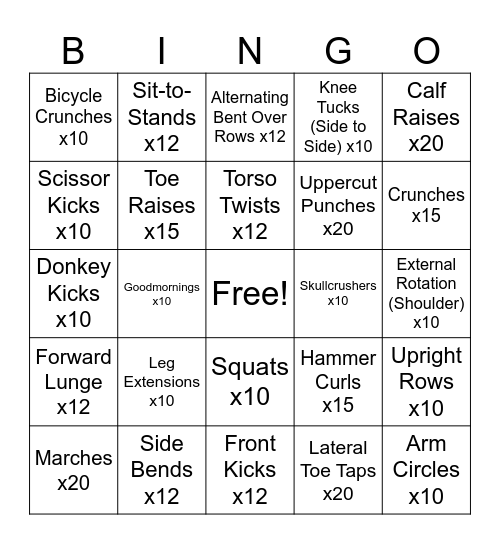 Chair Exercises Bingo Card