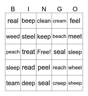 ee and ea words Bingo Card