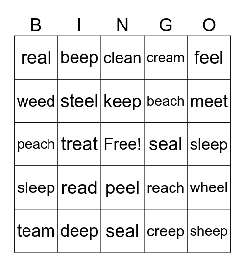 ee and ea words Bingo Card