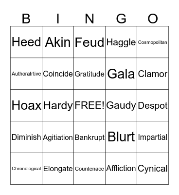 Vocabulary Bingo Card