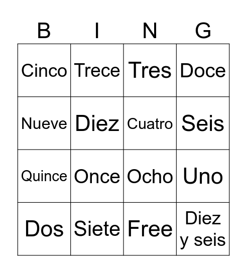Numbers Bingo Card