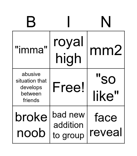 Roblox story time Bingo Card