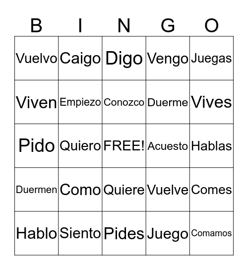 Present Tense Bingo Card