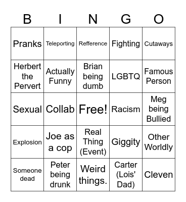 Family Guy Bingo Card