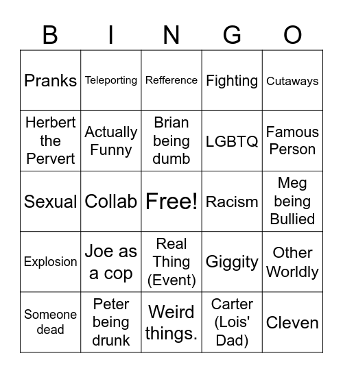 Family Guy Bingo Card