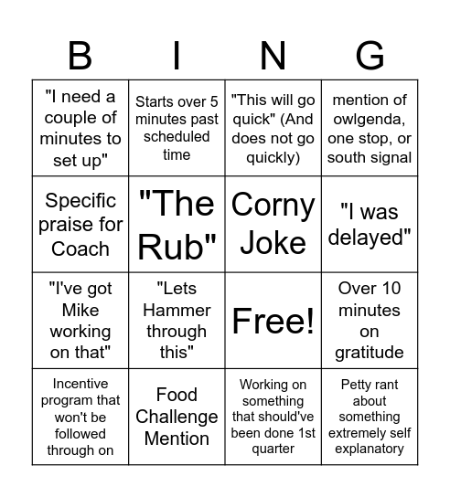 Staff Meeting Bingo Card