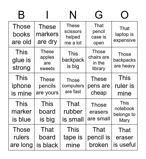 1-6 Demonstrative adjectives Bingo Card