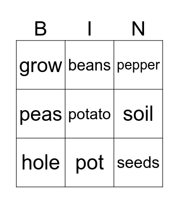 Veggies and Plants Bingo Card