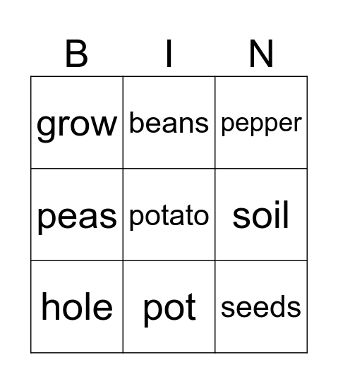 Veggies and Plants Bingo Card