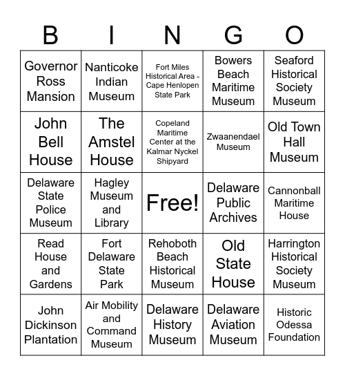 Delaware Adventure Bingo Card