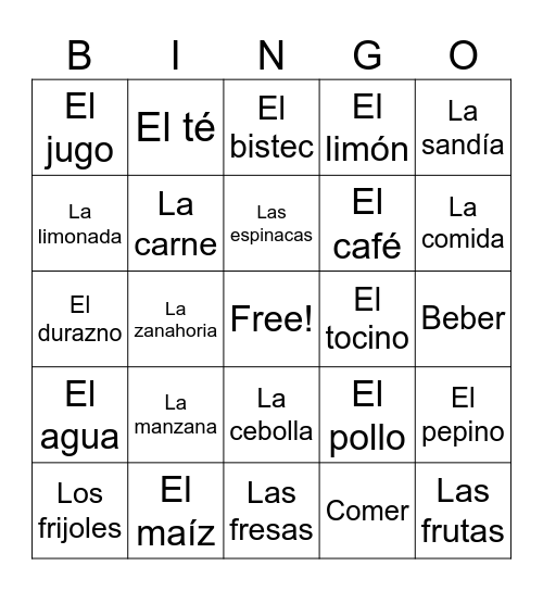 Bingo: La comida Bingo Card