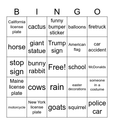 Car Ride Bingo Card