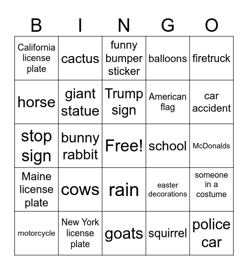 Car Ride Bingo Card