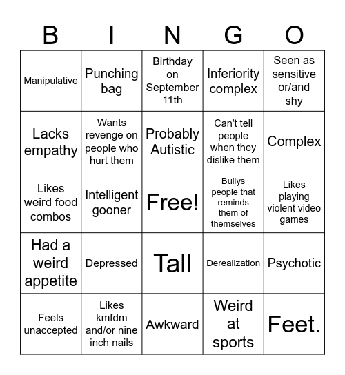 Dylan Klebold Bingo Card
