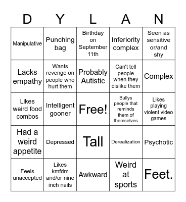 Dylan Klebold Bingo Card