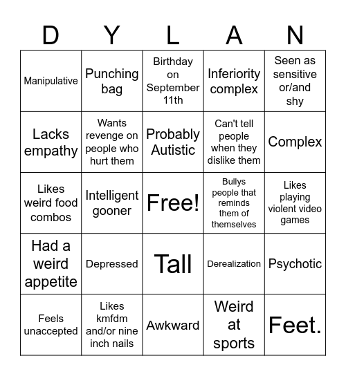 Dylan Klebold Bingo Card