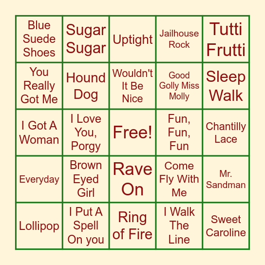 50's & 60's Music Bingo Card