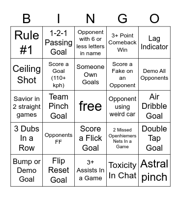 Rocket League Bingo 2 Bingo Card