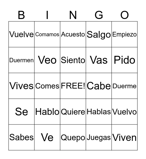 Present Tense Bingo Card
