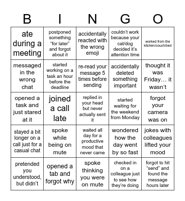 Remote work bingo Card