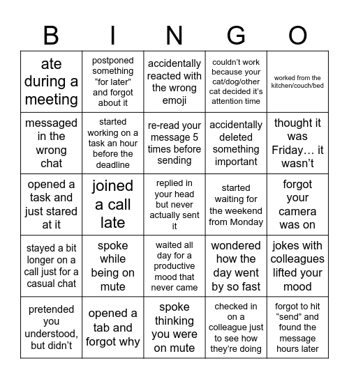 Remote work bingo Card