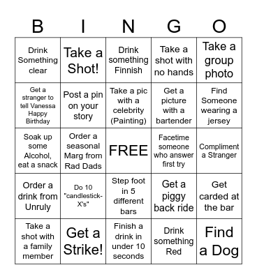 Vanessa's 21st Birthday Bingo Card