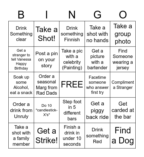 Vanessa's 21st Birthday Bingo Card
