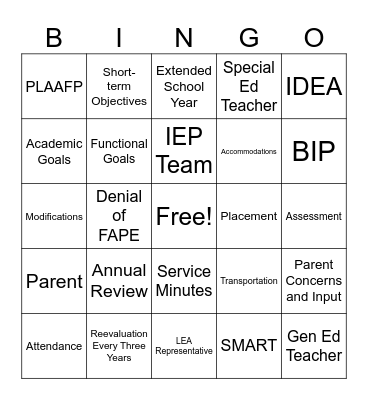 IEP Bingo Card